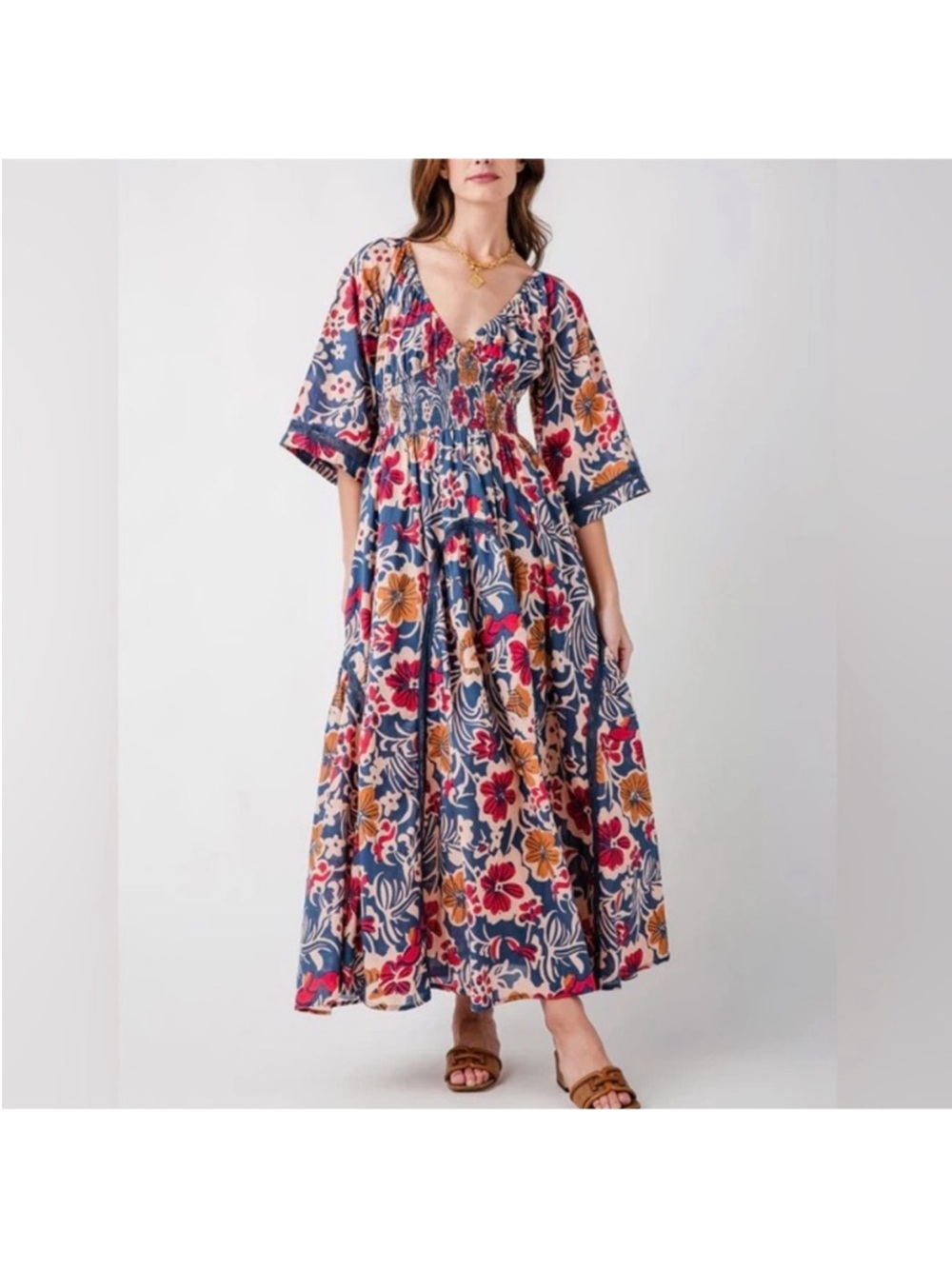 Free People Navy Floral Maxi Dress with Red & Mustard Blooms - Picture 3 of 4